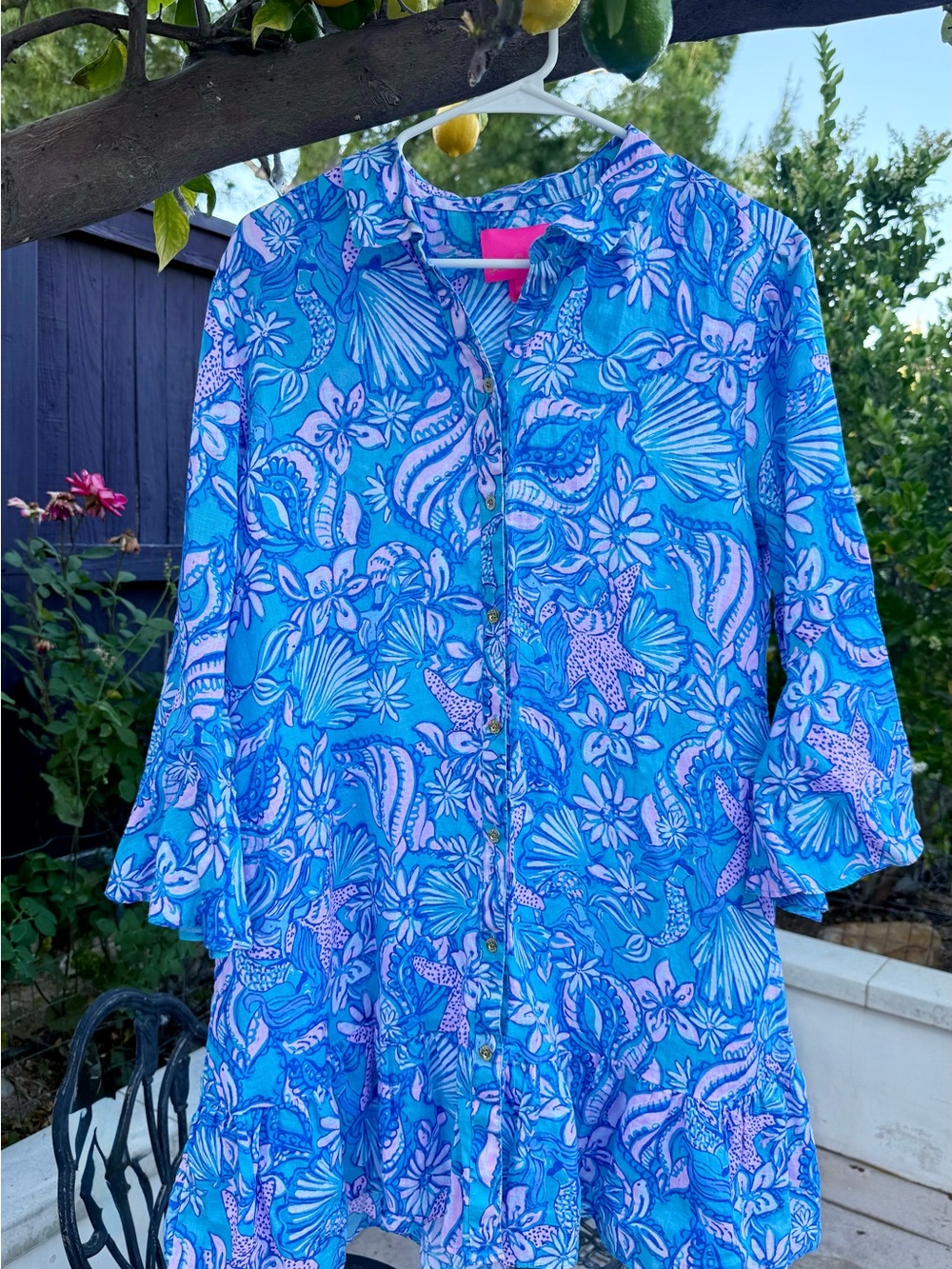 NWOT Lilly Pulitzer Rayanna Linen Tunic | Blue Shell Starfish Print  Sz. L